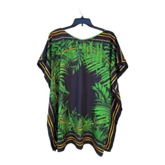 Green Botanical Gold Chain Print 100% Silk Short Caftan One Size - Picture 3 of 8